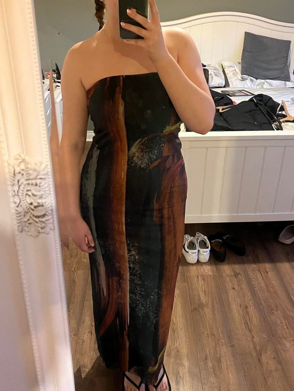 Commense Strapless Mesh Midi Maxi Earth Tones Watercolor Dress